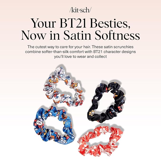 Kitsch x BT21 Satin Scrunchies for Women - No Crease Hair Ties for Girls | Scrunchies For All Hair Types and Textures, Perfect for Day or Night | Ideal Gifts for Women - 4 Pcs
