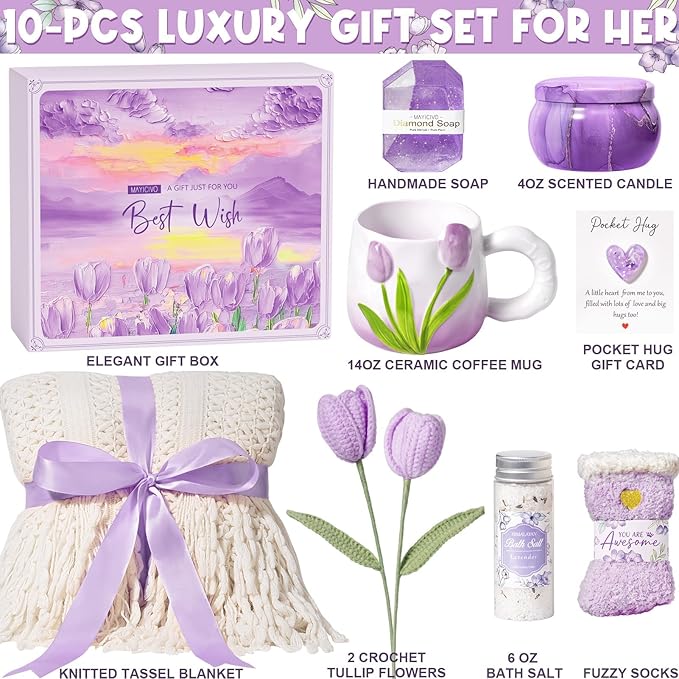 Birthday Gifts for Women Self Care Set Get Well Soon Gift Baskets, Relaxing Lavender Spa Gift Basket Care Package for Women, Unique Xmas Gifts for Mom Her Girlfriend Sister Friend Wife Grandma