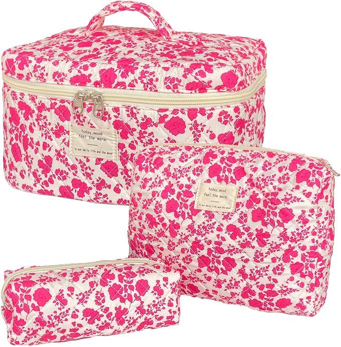 Rose Red Large Quilted Floral Makeup Bag Set of 3 Cute Coquette Aesthetic Cosmetic Bag Set Travel Toiletry Bag for Women