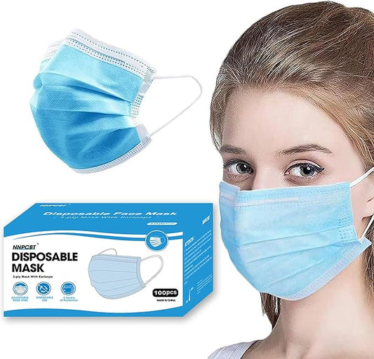 NNPCBT Blue Disposable Face Masks 100 Pack,3-Ply Breathable Mask For Adults,Great For Outdoors,Home, Office, School