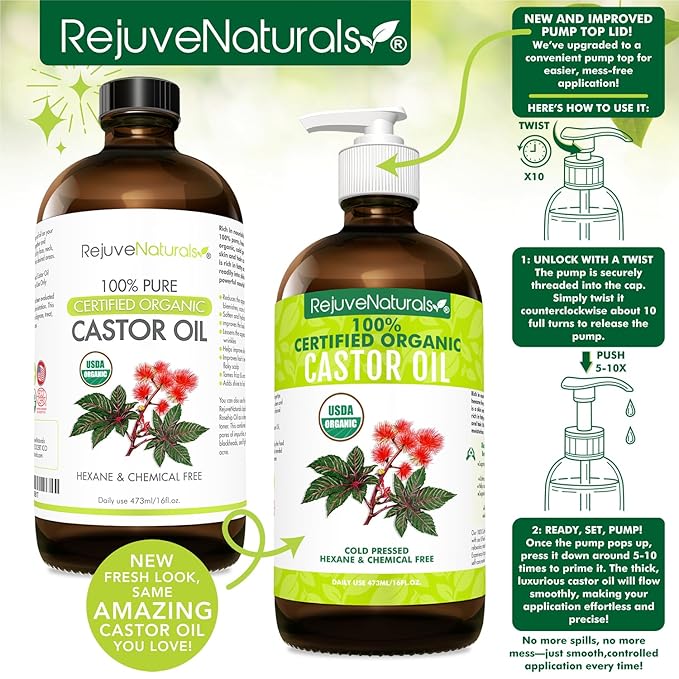 RejuveNaturals Castor Oil (16oz Glass Bottle) USDA Certified Organic, 100% Pure, Cold Pressed, Hexane Free. Boost Hair Growth for Thicker, Fuller Hair, Lashes & Eyebrows.