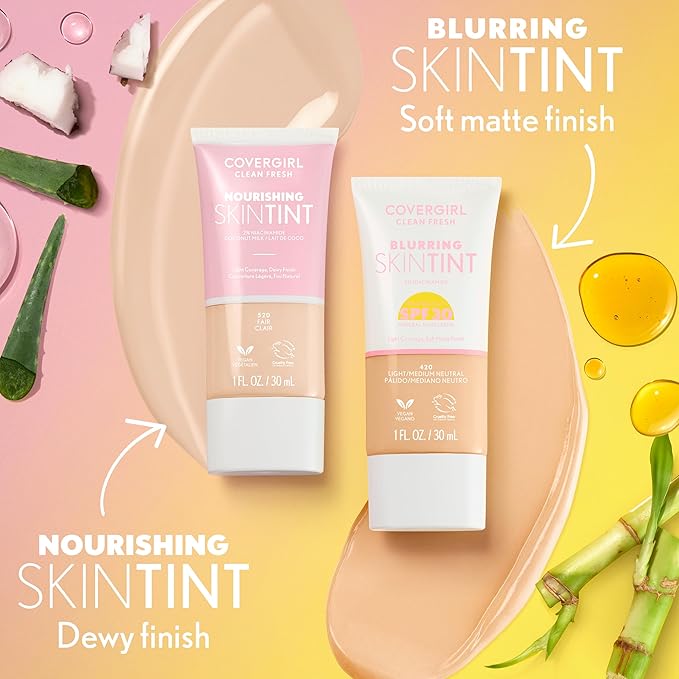 COVERGIRL Clean Fresh Blurring Skin Tint with SPF 30, 445 Medium/Rich Warm, Liquid Foundation, Soft Matte Finish, Smooths, Brightens, Blurs Pores, Mineral Sunscreen, Vegan Formula