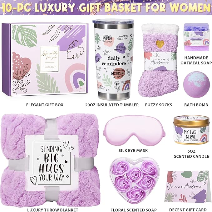 Birthday Gifts for Women Friendship, Self Care Gifts Inspirational Get Well Soon Gifts Basket, Relaxing Spa Gifts Care Package w/Blanket, Cute Mothers Day Gifts for Mom Her Women Friend Sister Wife