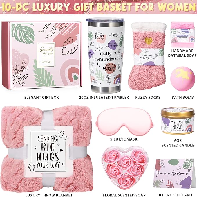 Birthday Gifts for Women Friendship, Self Care Gifts Inspirational Get Well Soon Gifts Basket, Relaxing Spa Gifts Care Package w/Blanket, Cute Mothers Day Gifts for Mom Her Women Friend Sister Wife