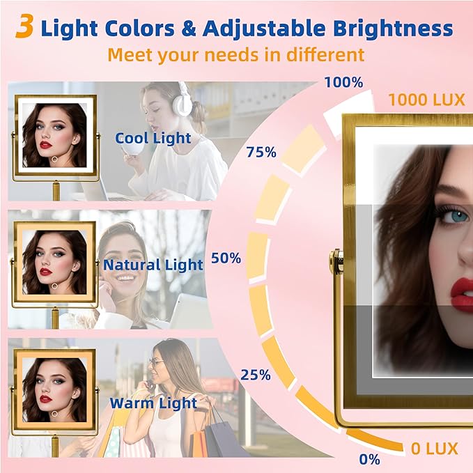 RUACQ Rechargeable Makeup Mirror, 4000mAh Lighted Makeup Mirror with Magnification 1X/10X, Height Adjustable vanity mirror with lights, 3 Color light, Adjustable Brightness,360°Rotation(Antique Brass)