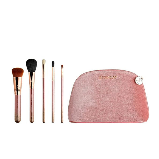 Sigma Beauty Modern Beauty Makeup Brush Set – Set of 5 Face and Eye Makeup Brushes for Eyeshadow, Blending Setting, Highlighting, Concealing & Contouring, Includes Rose Colored Small Makeup Bag
