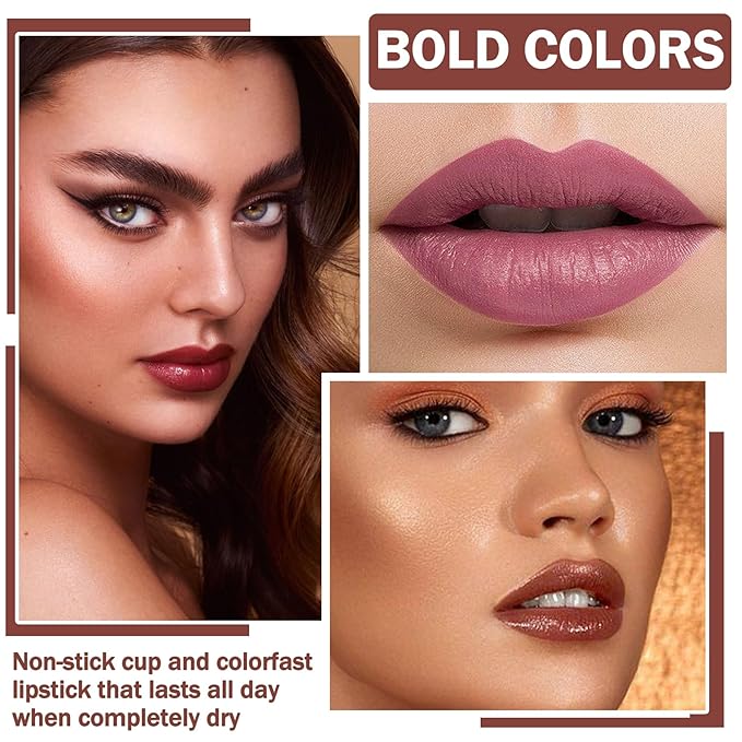 3 in 1 Brown Lip Gloss and Lip Liner Lipstick Set Nude Lip Liner Set Long-lasting Nonstick Cup Lip Kit Moisturizing Lip Set for Women (05# Whiskey Honey)