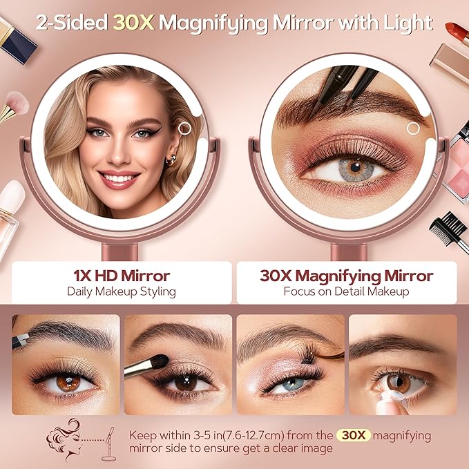 B Beauty Planet Makeup Mirror with Lights, Lighted Magnifying Mirror 30X with 3 Lighting and Adjustable Brightness, 2-Sided Height Adjustable Vanity Mirror for Bathroom, Gifts for Women Rose Gold