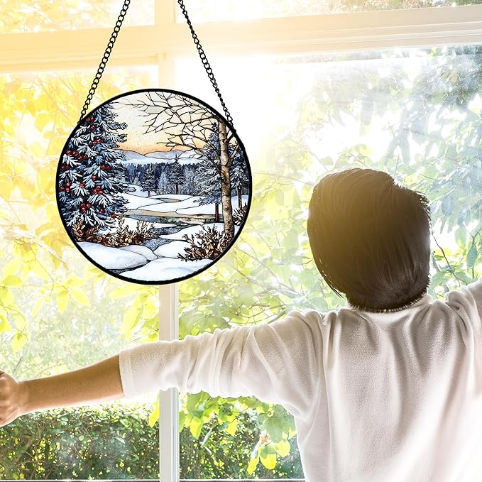 Stained Glass Window Hanging, Winter Snow Landscape Suncatcher Diamond Glass Panel Sun Catchers Decor for Birthday for Women, Men, Wife, Aunt, and Mom 7.8 in
