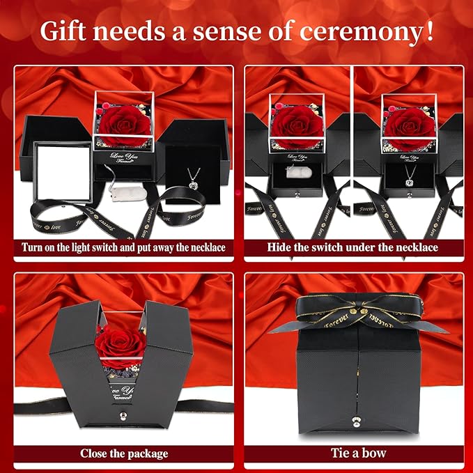 Preserved Blue Real Rose with Heart I Love You Necklace -Eternal Flowers Rose Birthday Gifts for Her Mom Wife Girlfriend Grandma on Valentines Mothers Day Christmas Anniversary Romantic-Negro Blue