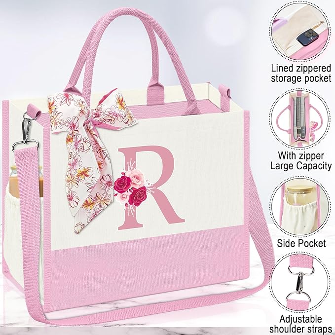 Monogrammed Gifts for Women,Personalized Gifts for Women,Initial Canvas Tote Bag,16oz Initial Glass Cup,Initial Makeup Bag,Initial Jewelry Organizer Box,Birthday Gifts for Aunt Niece-R