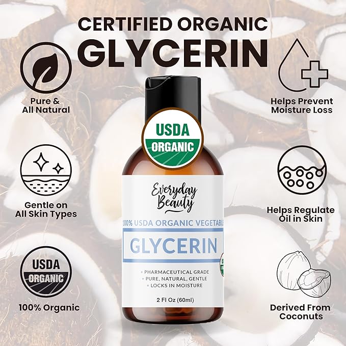 100% Organic Glycerin - For Skin & Hair - Food Grade - USDA Certified - Not From Palm Oil - Perfect Skin and Hair Moisturizer - 2 Fl Oz
