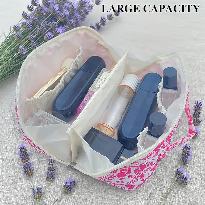 Rose Red Large Quilted Floral Makeup Bag Cute Coquette Aesthetic Cosmetic Bag Open Flat Travel Toiletry Make up Bag for Women