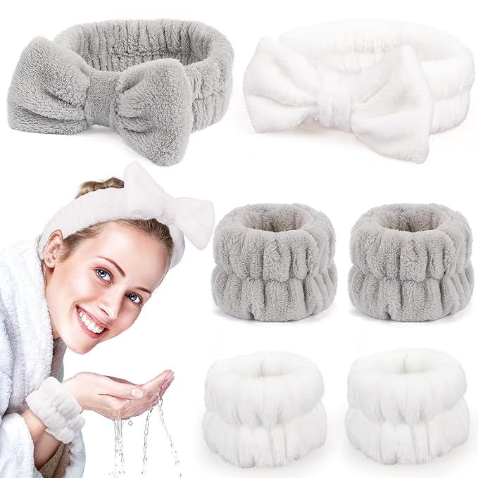 Spa Headbands for Women with Wristband Set: Facial Makeup Headbands for Girls & Teens - Soft Coral Fleece Elastic Hair Wraps with Wrist Accessories for Washing Face Shower Bath Beauty Skincare Gifts