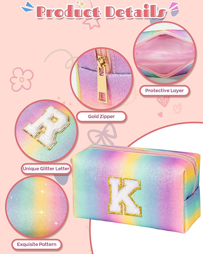 Birthday Gifts for 4 5 6 7 8 9 10 11 12 Year Old Girls, Initial Makeup Toiletry Bag for Kids, Kindergarten Graduation Gifts, Teacher Appreciation Gifts, Cute Trendy Stuff (Small)