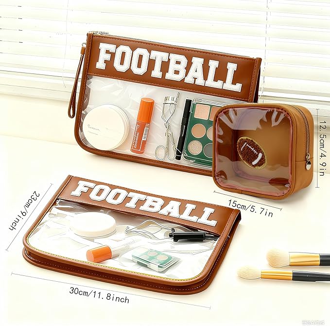 2Pcs football Makeup Bag Set, PVC Large Capacity Portable Transparent Cosmetic Bag, Travel Wash Bag, Stationery Storage Bag