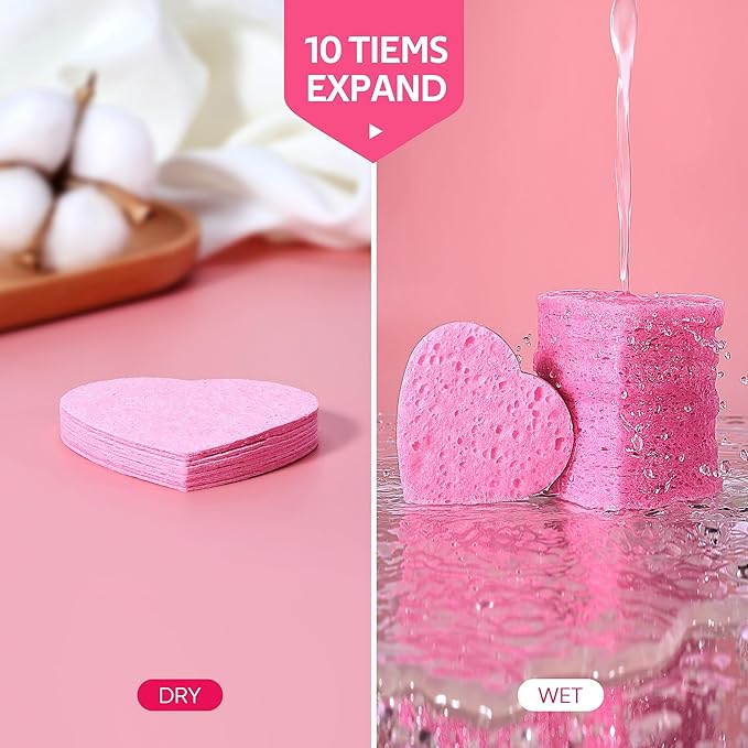 50-Count Heart Shape Compressed Facial Sponges for Daily Facial Cleansing and Exfoliating, 100％ Natural Cosmetic Spa Sponges for Makeup Remover