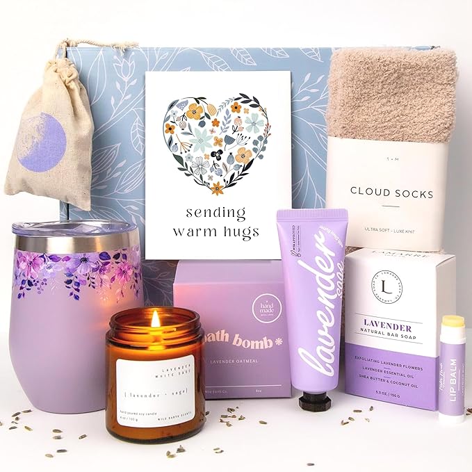 Unboxme Lavender Spa Gift Basket For Women - Mother's Day Relaxation Gift Set with Scented Candle, Wine Tumbler, Bath Bomb, Soap, Socks & Hand Cream - Self Care Package with Card