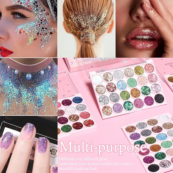 Glitter Eyeshadow Palette, 24 Colors Highly Pressed Pigmented Metallic Shimmer Sparkly Glitter Eyeshadow Makeup Pallet Palettes,Pink Blue Green Red Gold Purple Long Lasting Waterproof (24pcsA)