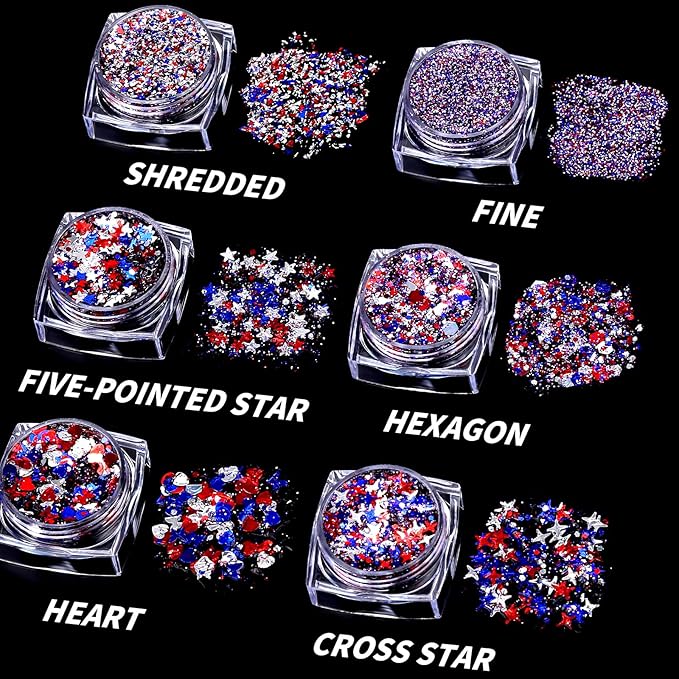 Teenitor Body Glitter Gel, 6 Shape Red White and Blue Face Glitter, 4th of July Accessories Hair Glitter for Kids, 4th of July Outfits USA Accessories for Women, Blue Face Glitter for Independence Day