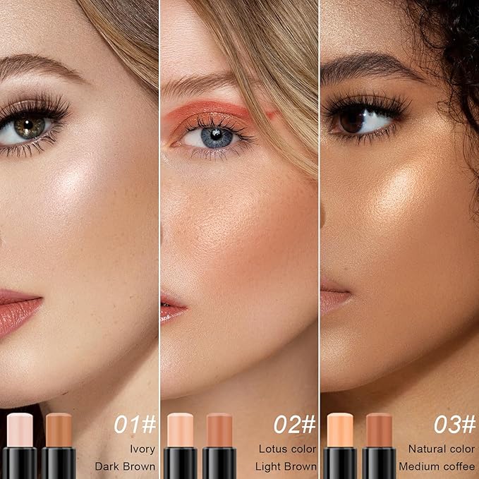 6 Colors Cream Contour Stick Makeup Kit, Shades with Highlighter Stick, Blush Stick and Bronzer Stick for Sculpt the Cheeks, Double-End Bronzer Stick, Waterproof,Dewy & Matte Finish (SET B)