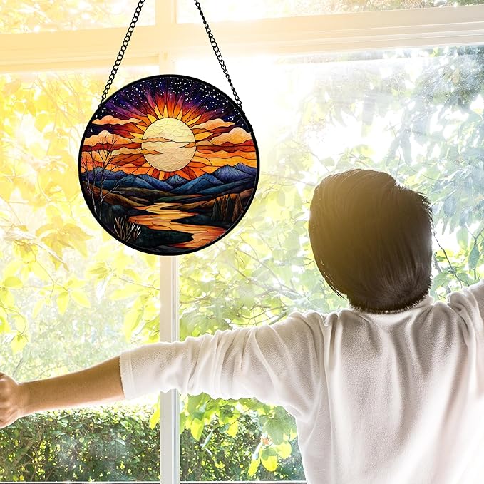 Stained Glass Window Hanging, The Sun Shines Brightly on Lake Sun Catchers Colorful Glass Panel Suncatcher Decor for Birthday for Women, Men, Wife, Lovers, and Mom 7.8 in