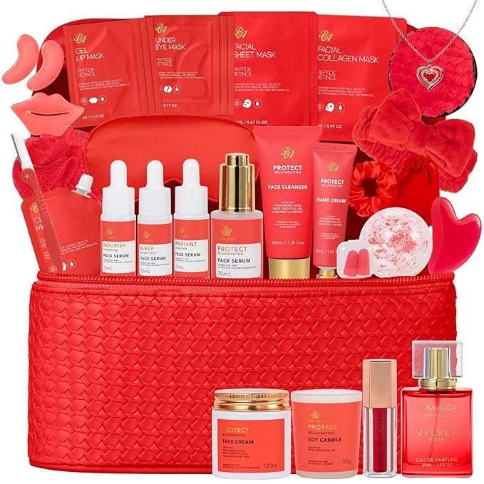 Christmas Gifts for Women, 33 Pcs Rose Facial Skin Care Set, Bath & Body Spa Set, Hydrogel Mask, Makeup Bag, Face Serum, Necklace, Parfume, Bath Bomb, Mother Day, Valentine's, Birthday,Baby Shower