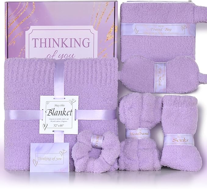 JOOJA Cozy Birthday Get Well Soon Gift Basket Care Package for Women with Blanket, Fuzzy Socks, Eye Mask, Headband Cozy Essentials - Lavender
