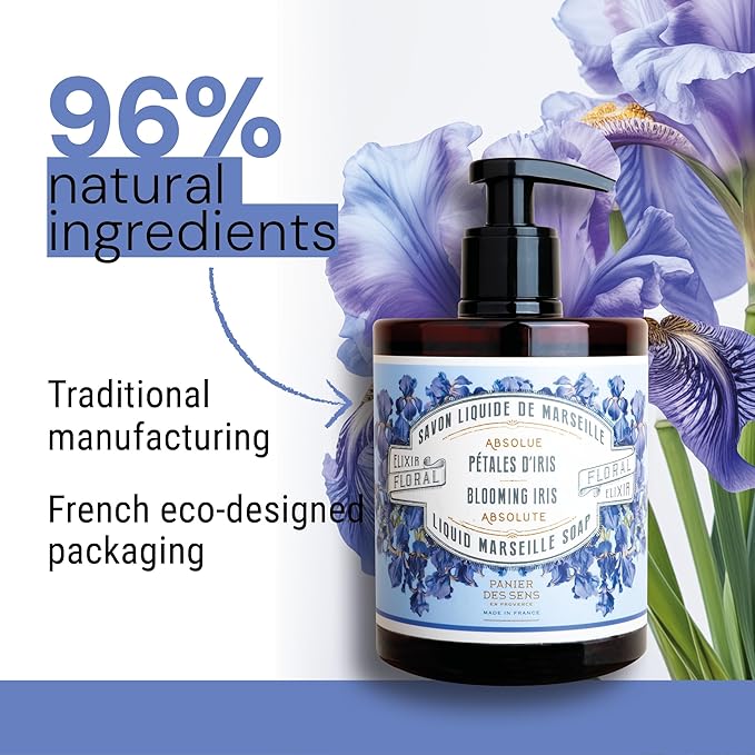 Panier des Sens - Moisturizing Hand Soap - Iris Floral Fragrance - French Traditional Savon de Marseille Soap - Refillable Kitchen & Bathroom Soap - 16.9 Fl.oz Liquid Hand Wash 96% Natural