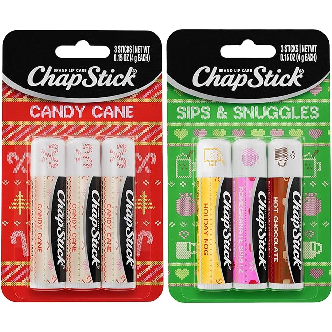 ChapStick Lip Balm, Holiday Variety Packs (6 Sticks) – Candy Cane, Sips & Snuggles Flavored Lip Moisturizers, Stocking Stuffers, Gifts, 0.15 Oz Ea