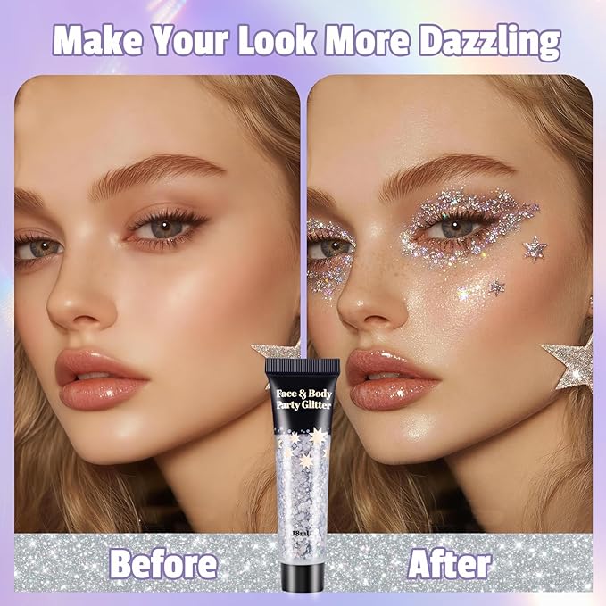 AROIC Kids Unicorn Hair Glitter，14Pcs Body &Face Shimmering Glitter Gel Set，Fairy Costume Sparkle Makeup for Girls，Holographic Sparkle Face Paint for Festivals Princess Birthday Party Gifts (7 Colors)