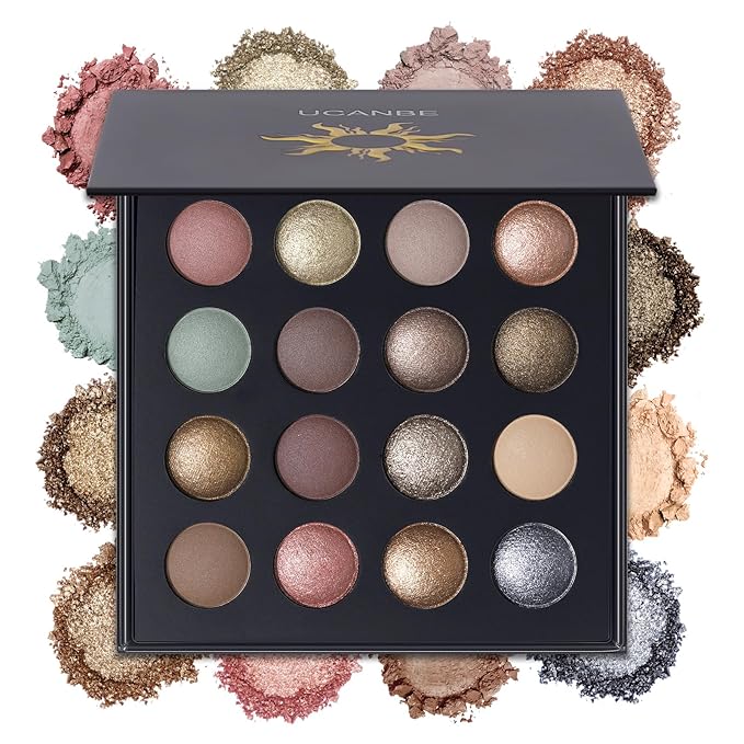 UCANBE Baked Eyeshadow Makeup Palette with Hidden Gems, 16 Colors Nude Eye Shadow with Matte Glitter Metallic Shimmer, Highly Pigmented Long Lasting Make Up Pallet