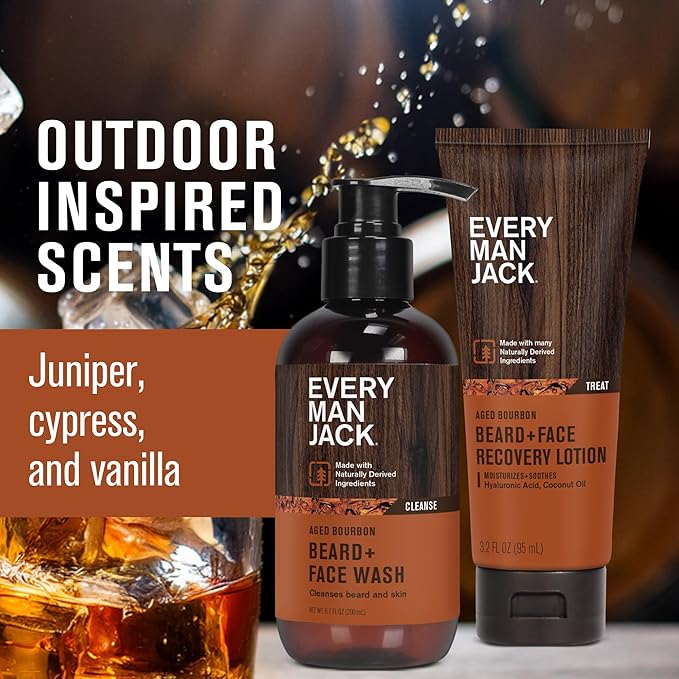 Every Man Jack Men's Beard + Face Wash & Lotion Set - Subtle Aged Bourbon Scent - Naturally Cleanse and Condition Your Beard & Skin