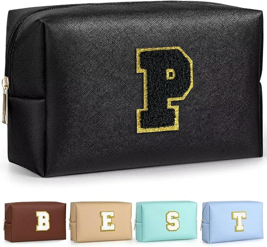 TOPEAST Personalized Makeup Bag, Chenille Letter Pouch Cosmetic Bag w Zipper, PU Leather Waterproof Toiletry Bag, Bridal Shower Gifts for Bridesmaids, Cute Stuff for Girls (Black P)