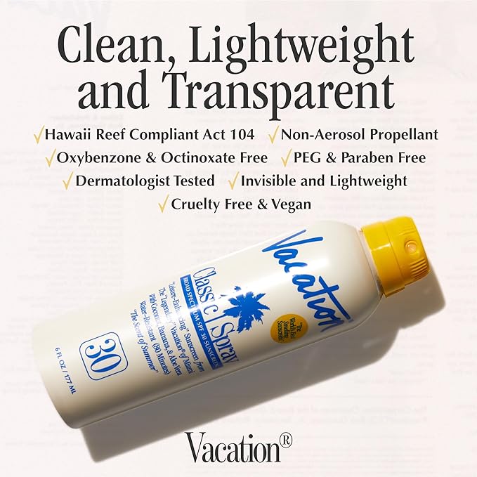 Vacation Classic Sunscreen Spray SPF 30, Water-Resistant, Lightweight, Transparent on All Skin Tones, Dermatologist-Tested, Vegan, 6 Fl. Oz. (Value Pack of 3)