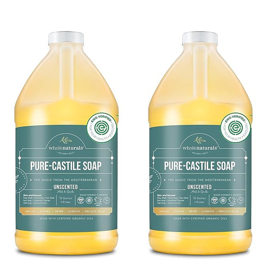 WHOLENATURALS Pure Castile Soap Liquid Unscented, EWG Verified & Certified Palm Oil Free-1 gallon (64oz x2 bottles) Natural, Mild & Gentle Non-gmo & Vegan-Organic Body Wash, Laundry & Baby Soap