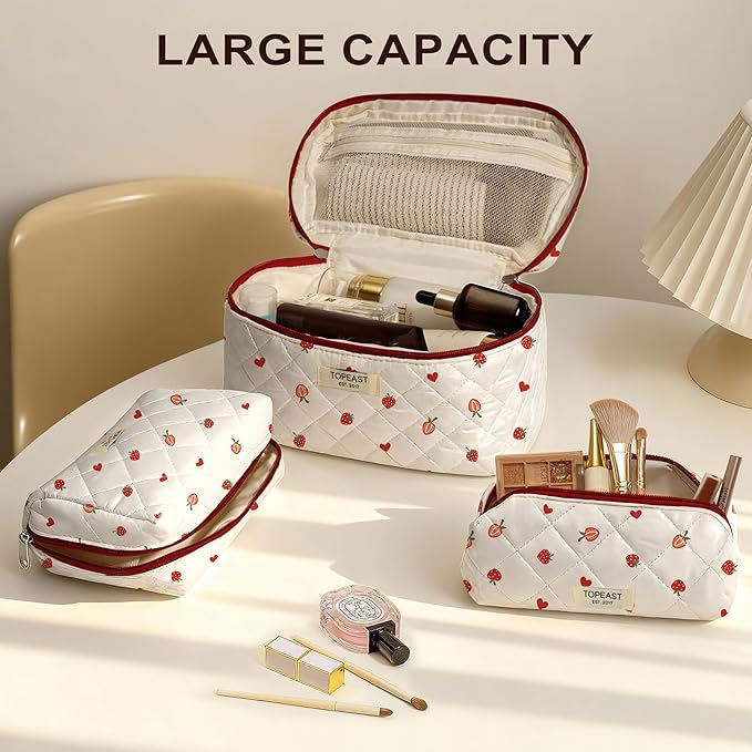 TOPEAST Makeup Bag for Women Girl, 3Pcs Large Cotton Travel Make up Organizer, Quilted Brush Toiletry Pouch Portable Cosmetic Bags with Big Compartment Zipper, Strawberry