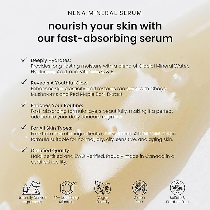 NENA Skincare Mineral Serum - Vitamin C Serum with Hyaluronic Acid - Face Lotion for Deep Hydration, Firmness and Elasticity - All Skin Types - 1 oz