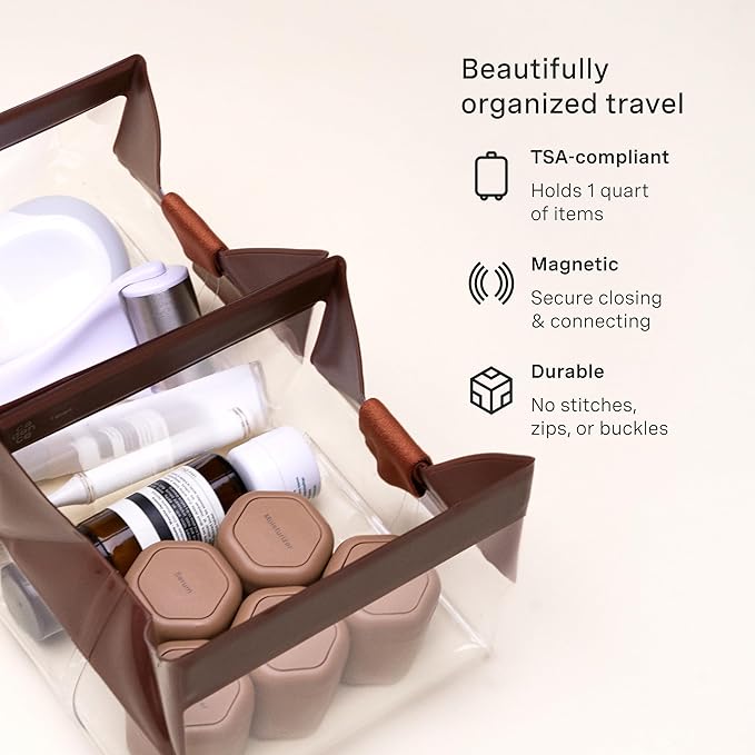 Cadence Parcel - Clear Dopp Kit with Magnetic Closure - Durable and Leak-Resistant Travel Toiletry Kit - TSA-Compliant & Modular Design - Hygiene Bag for Travel Essentials - 1 Qt - Chestnut