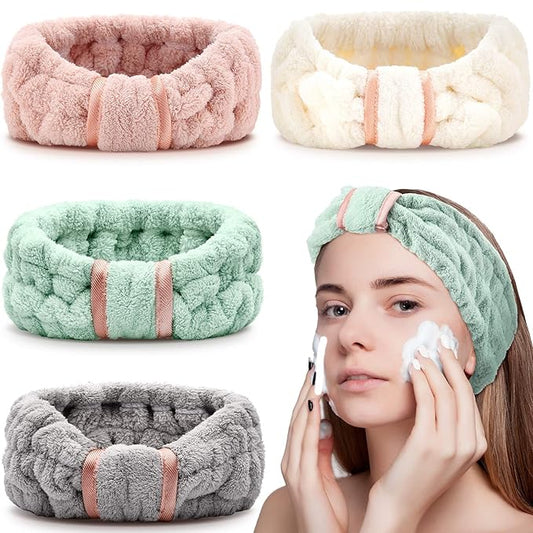 WILLBOND 4 Pack Microfiber Headbands Spa Facial Headbands Makeup Head bands Elastic Terry Cloth Head Wrap for Women Girls Washing Face Makeup Shower Yoga Sports(Pink, Green, White and Grey)