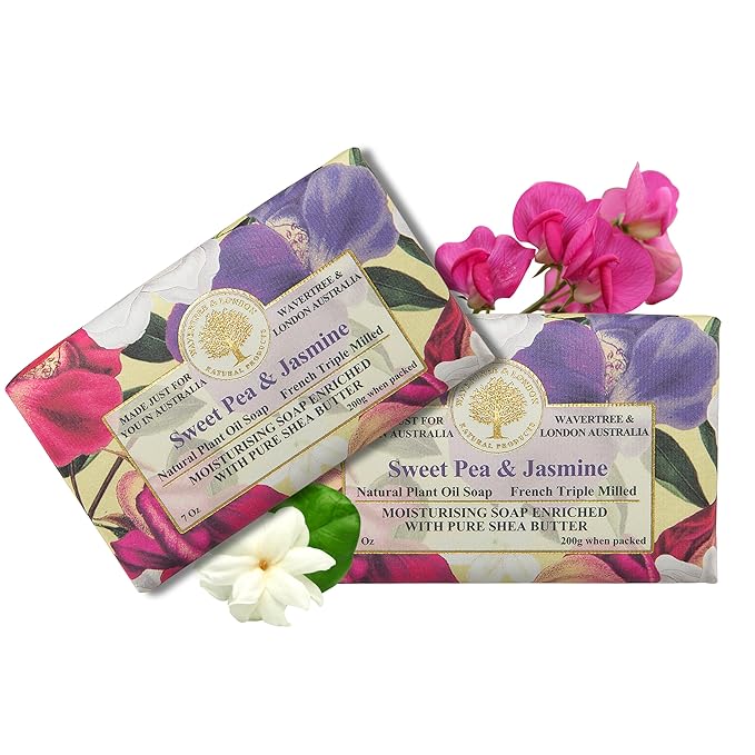 Wavertree & London Sweet Pea & Jasmine Scented Natural Soap (2 Bars), 7oz Moisturizing French Triple Milled Soap Bars enriched with shea butter - Pure Plant Based Bath & Body Bars for All Skin Types