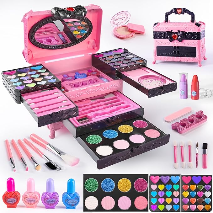 Kids Makeup Sets for Girls, 66pcs Real Cosmetic for Kids Toys with Mirror, Princess Washable Girls Makeup Kit, Non-Toxic & Safe Brithday Gifts for 3 4 5 6 7 8 10 - 12 Years Old（Pink Black）