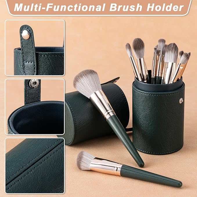 Makeup Brushes, 14 Pcs Professional Makeup Brush Set, Eye and Face Foundation Brush Set, Eyeshadow Brushes, Cosmetic Brushes with 2 Blender Sponge and PU Makeup Pail, Dark Green