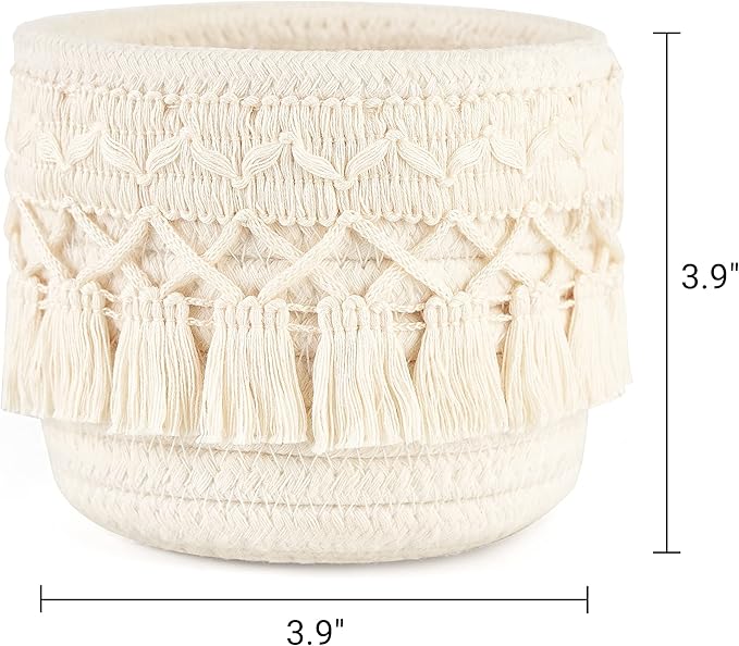 Mkono Macrame Makeup Brush Holder Organizer Comb Brushes Mini Storage Basket Set of 2 Boho Decor Baskets for Pen Pencil Box Container ,Ivory