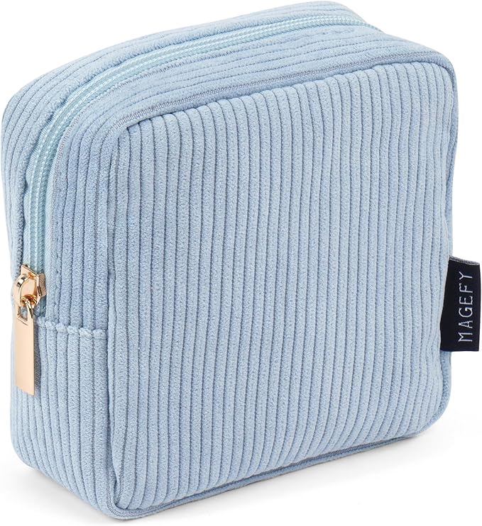 MAGEFY Small Makeup Bag for Purse Mini Cosmetics Bag Corduroy Cute Cosmetic Pouch for Women with Slip-in Pockets