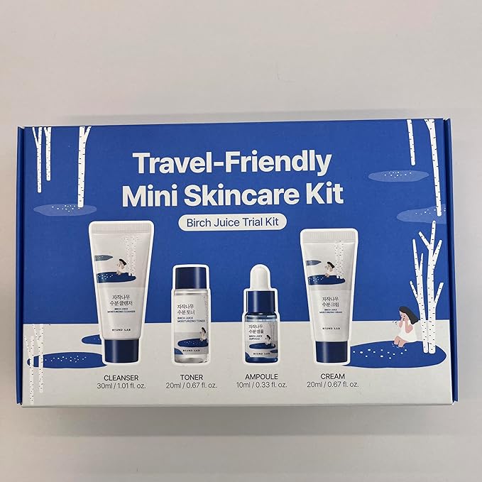ROUND LAB Birch Juice Moisturizing Mini Kit, 4-Step Travel Size Skincare Set (Cleanser, Toner, Ampoule, Cream) | Korean Moisturizer, Hydrating Routine | Soothing Care for Acne-Prone, Sensitive Skin