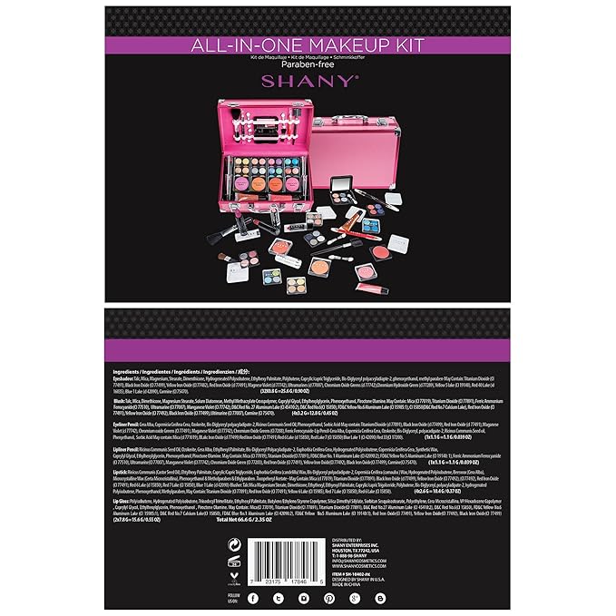 SHANY Carry All Make up Train Case with Pro Makeup Set, Beauty Brushes, Lipsticks, Eye Shadows, Blushes, Powders, and more - Reusable Cosmetics Storage Organizer - Premium Gift Packaging - Pink