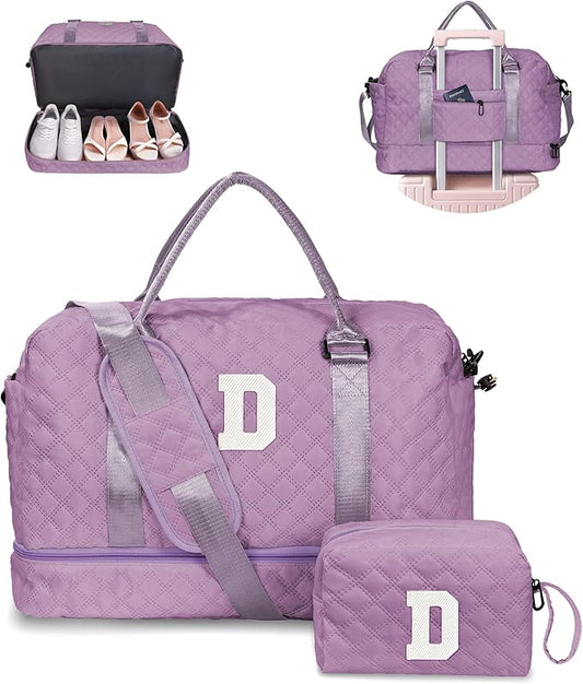 Unique Gifts for Her-Overnight Bags for Women, Personalized Weekender Bag, Monogram Travel Bag for Women with Trolley Sleeve & Wet Pocket, Letter Travel Bag with Makeup Bag (Letter D)