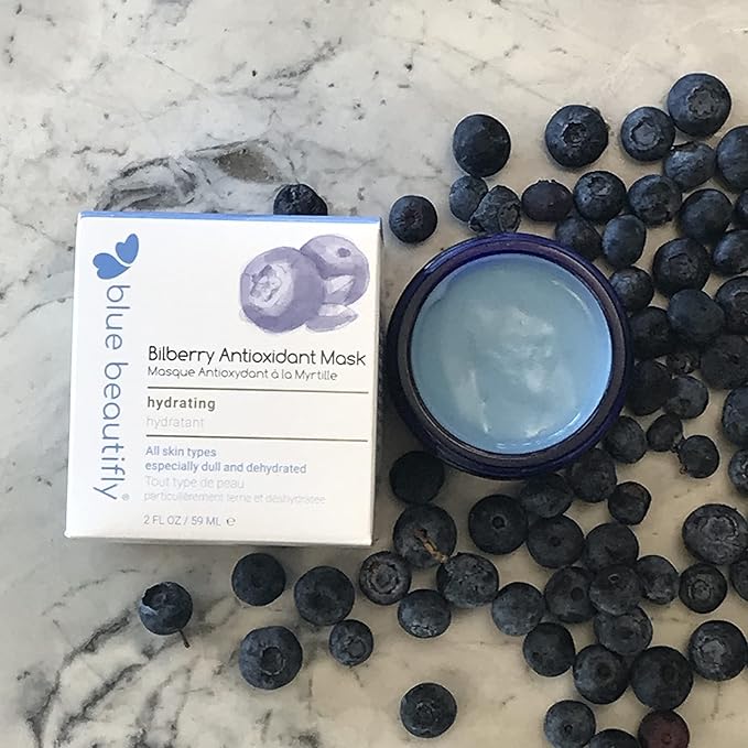Blue Beautifly Bilberry Antioxidant Hydrating Face Mask - Infused with Blueberry, Açaí, and Spirulina Extract - Plant-based with No Synthetic Additives - Softens Lines. Improves Elasticity - 2 fl oz