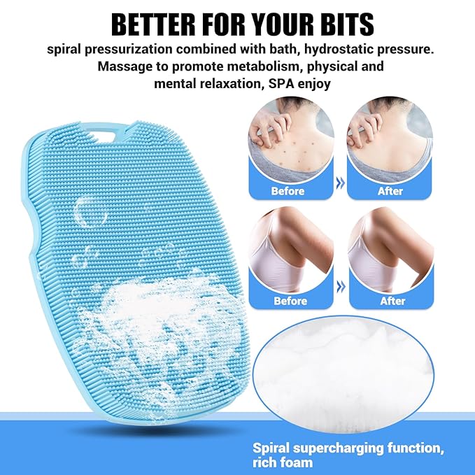 Silicone Body Scrubber - Anti Zinc Infused-Highly Elastic Bristles Exfoliating Body Scrubber for Shower Body,Cellulite Reduction,Blood Circulation - Azure